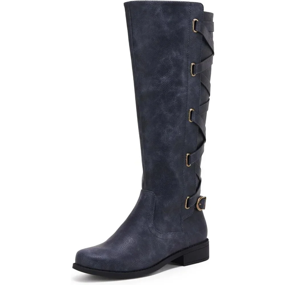 🆕Womens Faux Leather Navy Strappy Motorcycle Knee High Riding Flat Lace Up Boot